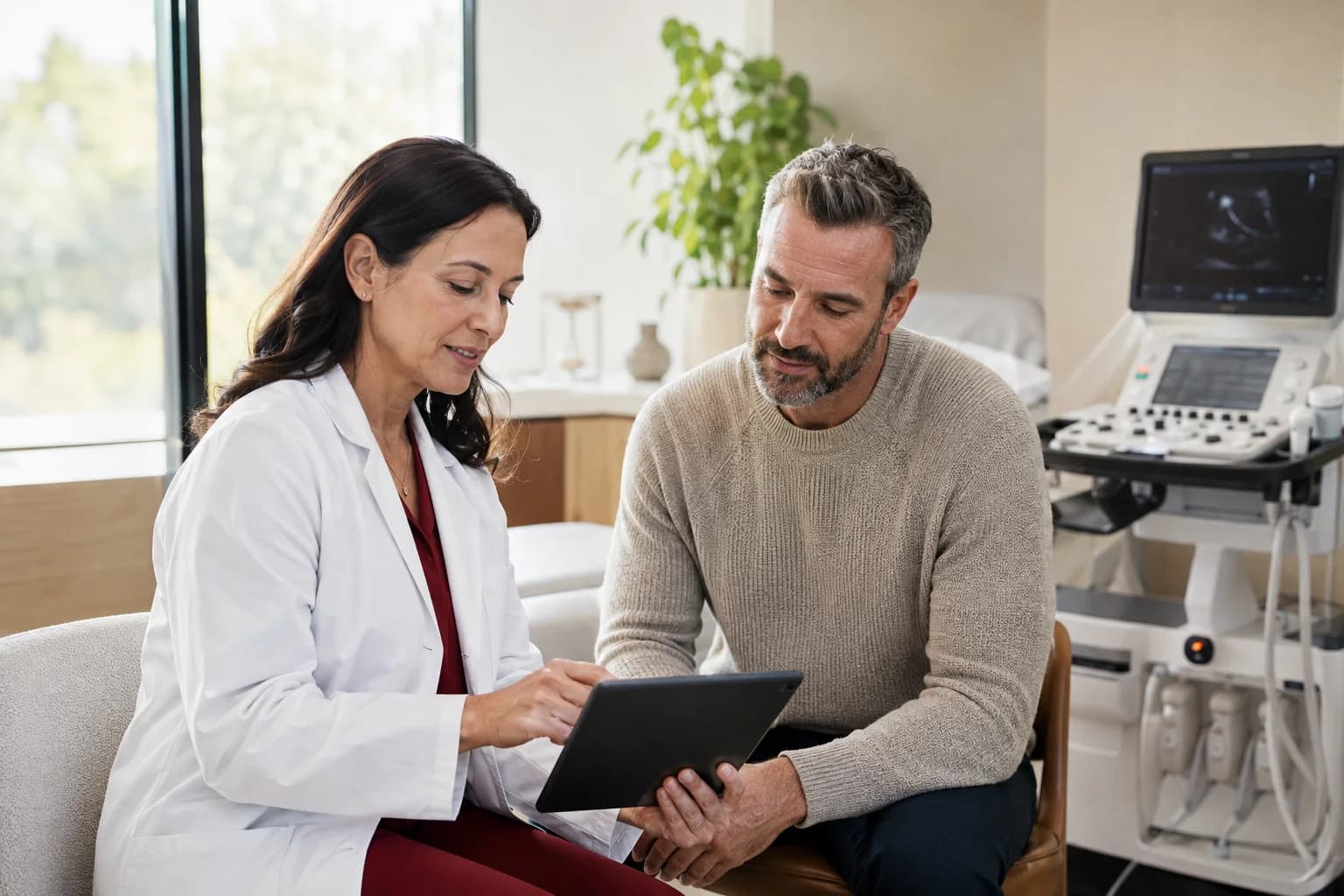 A healthcare professional and patient discussing a preventive screening plan in an ultrasound room