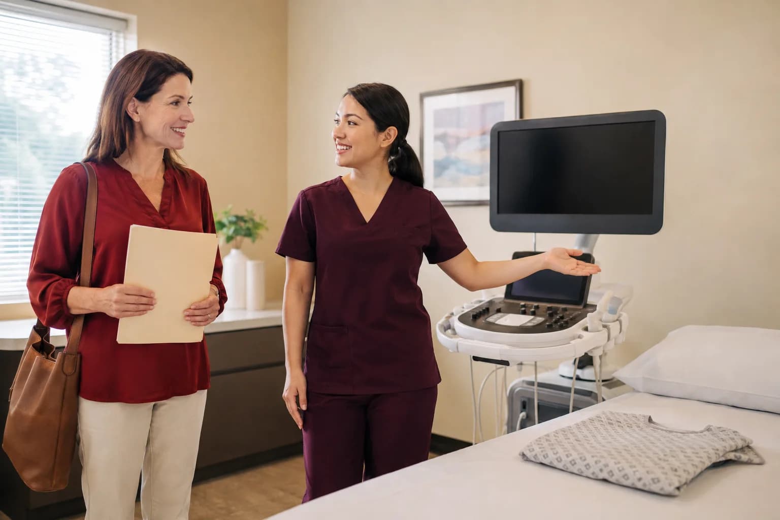 A sonographer welcoming a prepared patient into a modern ultrasound examination room