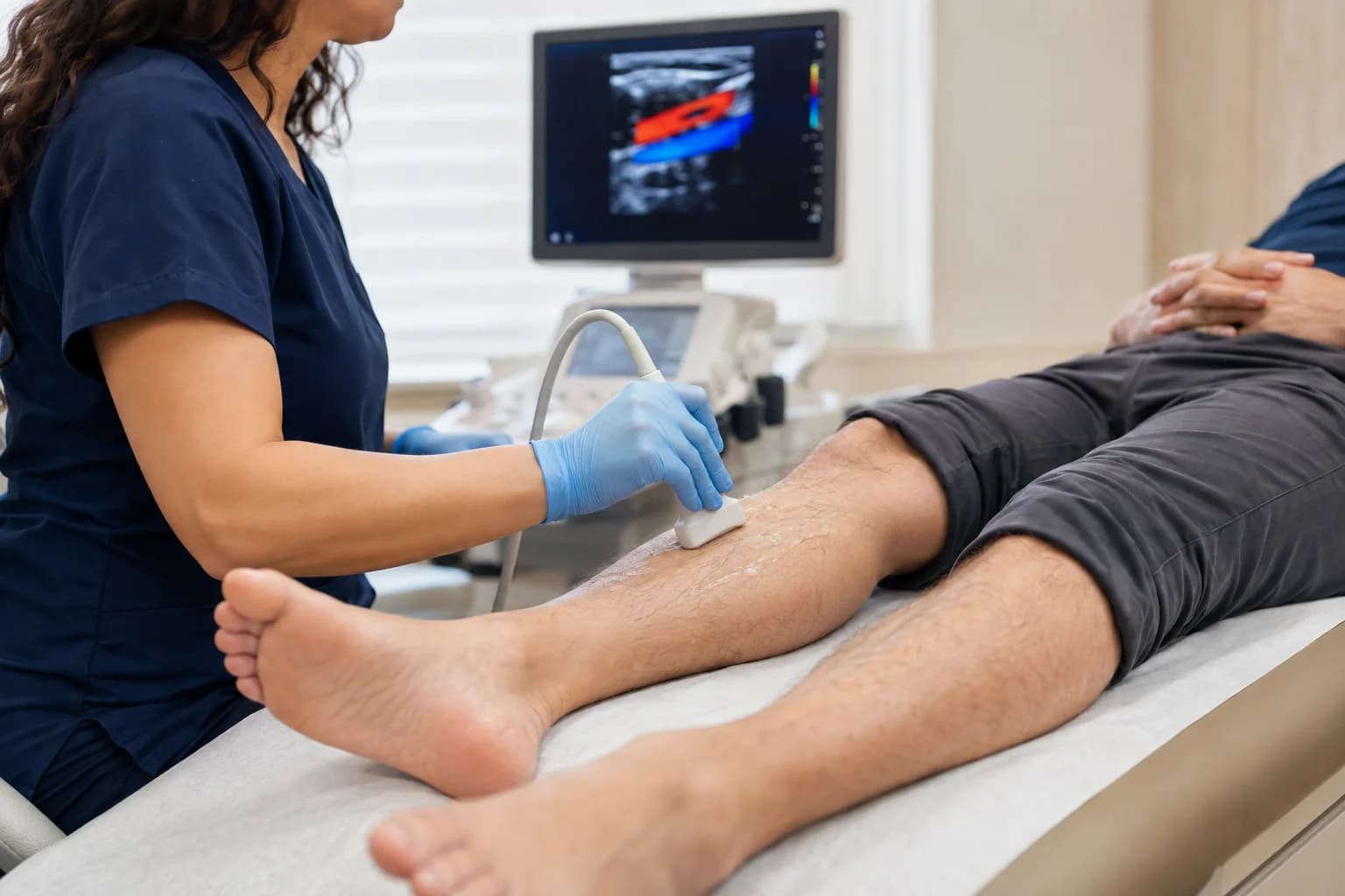 A sonographer performing Doppler ultrasound on an adult patient’s lower leg