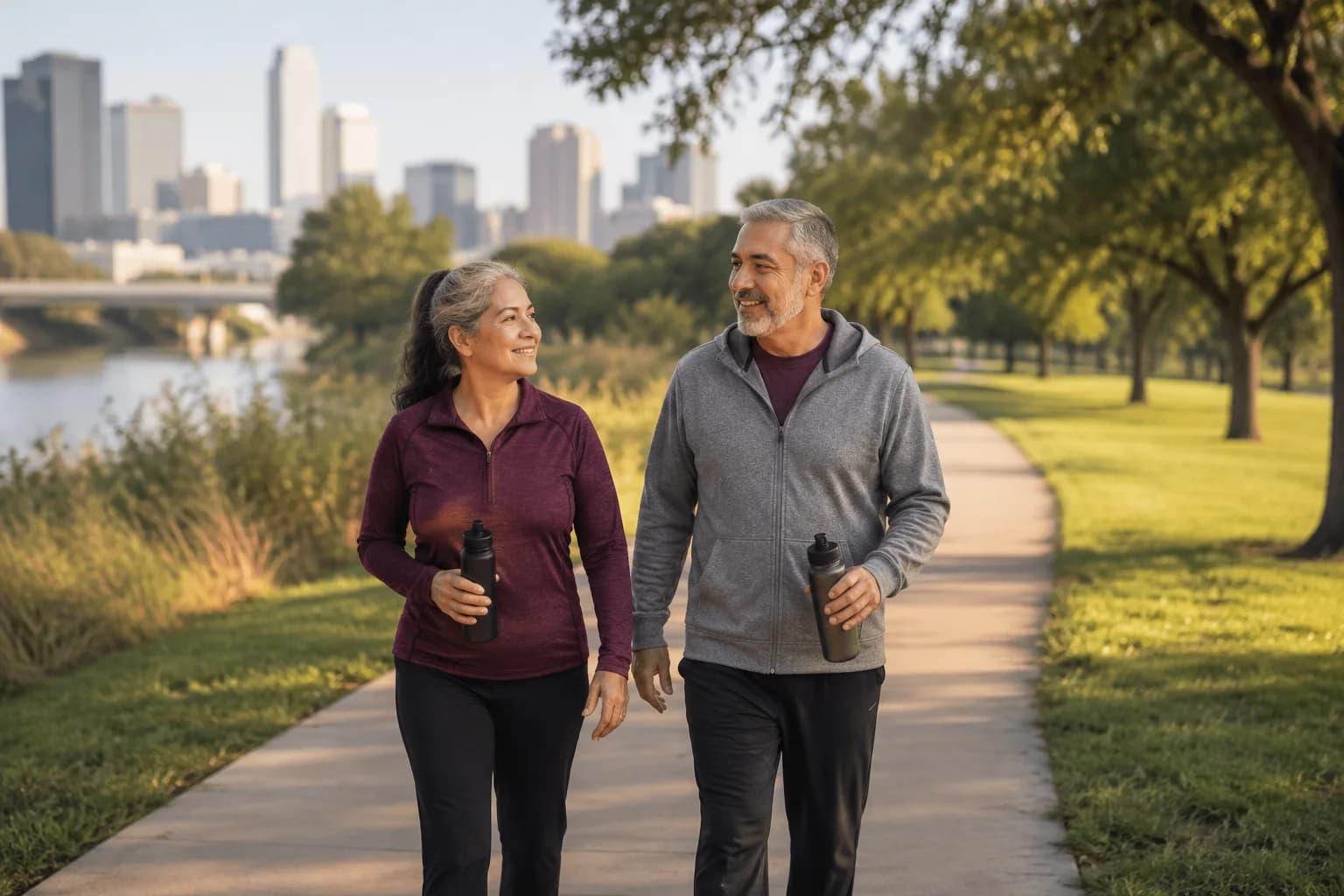Two middle-aged adults taking a comfortable walk together on a sunlit park path