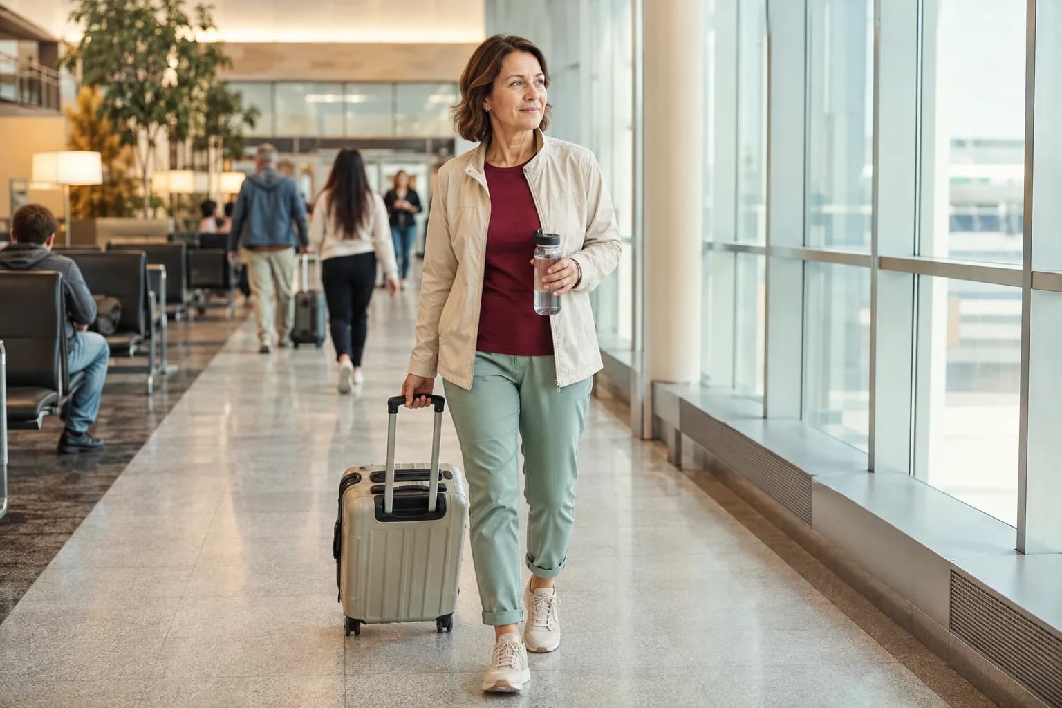 An adult traveler taking a walking break with a carry-on suitcase in a bright airport terminal